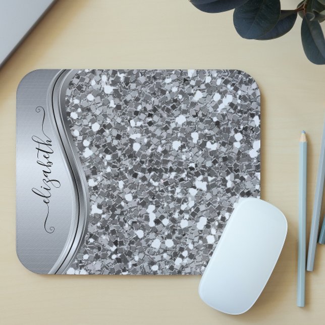 Glam Bling Personlig Glitter Kalligrafi Silver Musmatta (Skapare uppladdad)