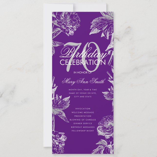 Glam Blommigt 70 Birthday Program Silver Lila Menu (Framsida)