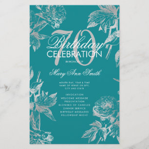 Glam Blommigt 70 Birthday Programme Silver Teal Me Flygblad