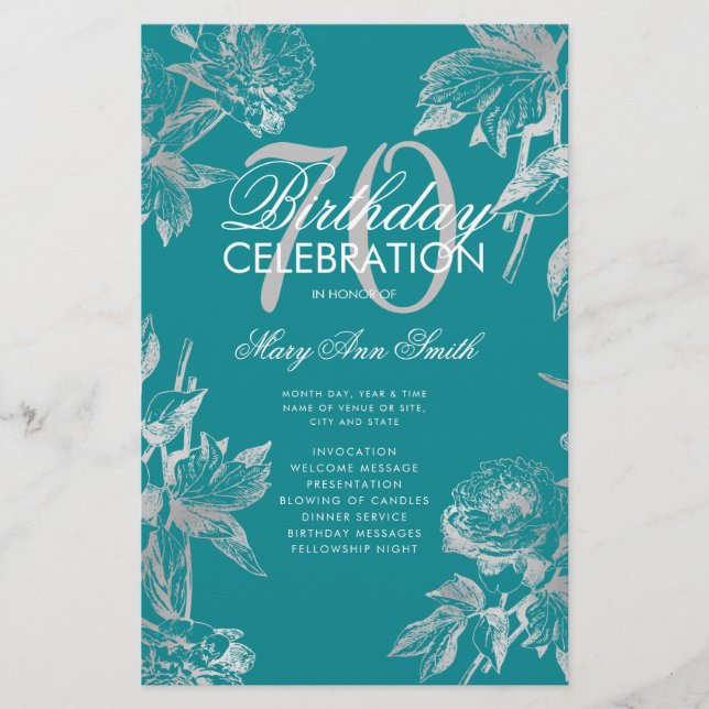 Glam Blommigt 70 Birthday Programme Silver Teal Me Flygblad (Framsidan)
