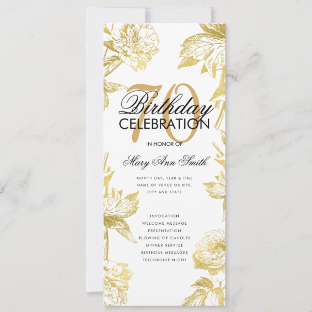 Glam Blommigt 70:e födelsedagsprogrammet Guld Menu Inbjudningar (Framsida)