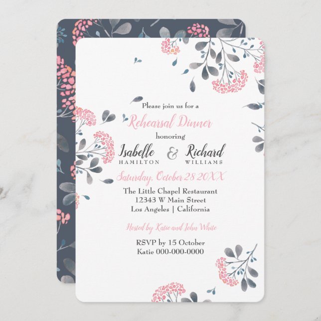 Glam blommigt rosa vattencolor Rehearsal Middag Inbjudningar (Fram/baksida)