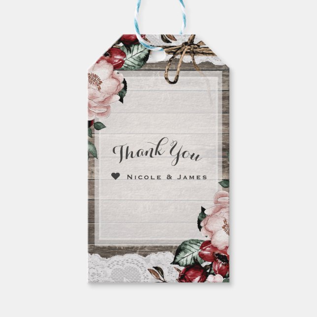 Glam Blommigt Rustic Wood & Snöre Barn Bröllop Presentetikett (Framsidan)