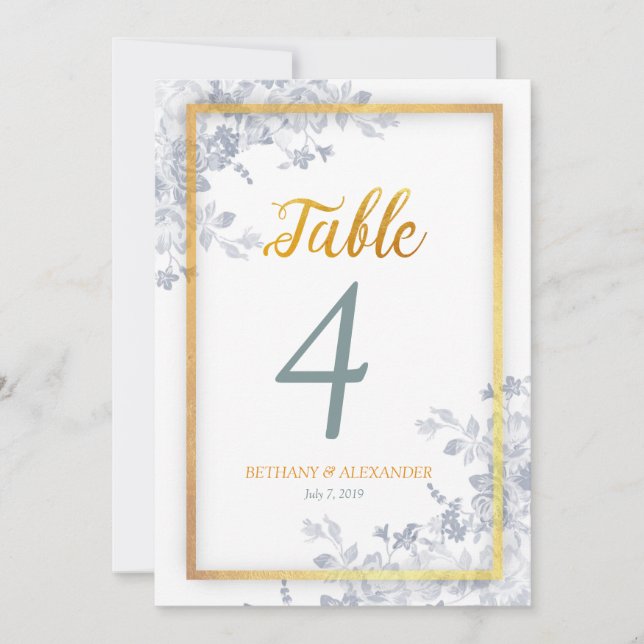 Glam Blommor Guld Ram Kalligrafi Bord Nummer Inbjudningar (Framsida)