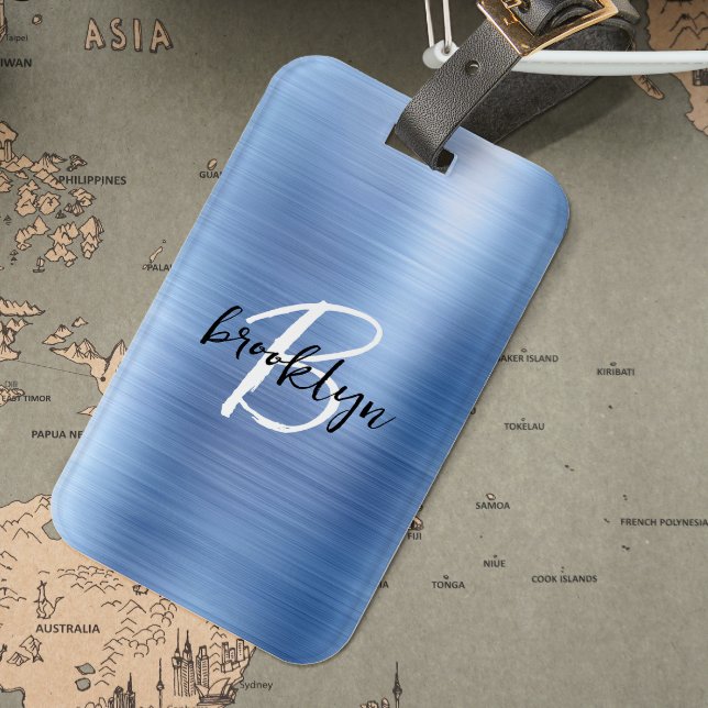 Glam Blue Brushed Metall Black White Monogram Bagagebricka (Skapare uppladdad)