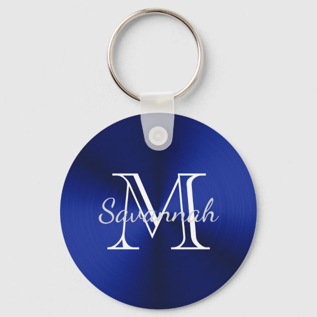 Glam Blue Faux Metall Monogram Nyckelring (Framsida)