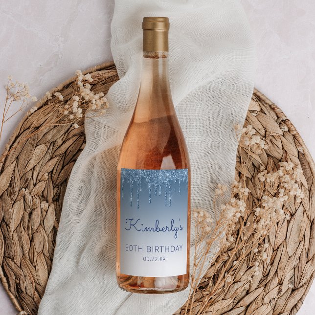 Glam Blue Glitter Drip 50th Birthday Party Vinflaska Etikett (Skapare uppladdad)