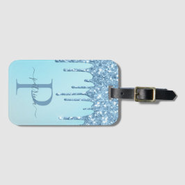 Glam Blue Glitter Drips Elegant Monogram Luggage Bagagebricka