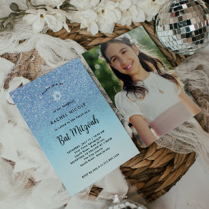 Glam Blue Glitter Titta Bat mitzvah Tillbaka til Inbjudningar