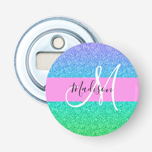 Glam Blue Grönt Glitter Gnistra Gradient Monogram Flasköppnare (Framsidan)