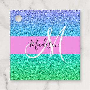 Glam Blue Grönt Glitter Gnistra Gradient Monogram Gåvor Etiketter