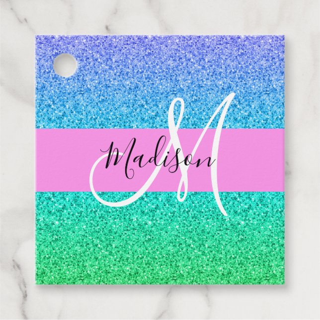 Glam Blue Grönt Glitter Gnistra Gradient Monogram Gåvor Etiketter (Framsida)