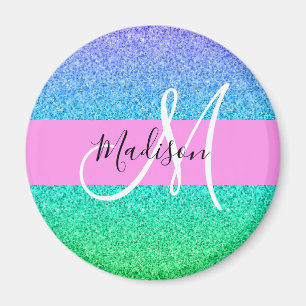 Glam Blue Grönt Glitter Gnistra Gradient Monogram Magnet