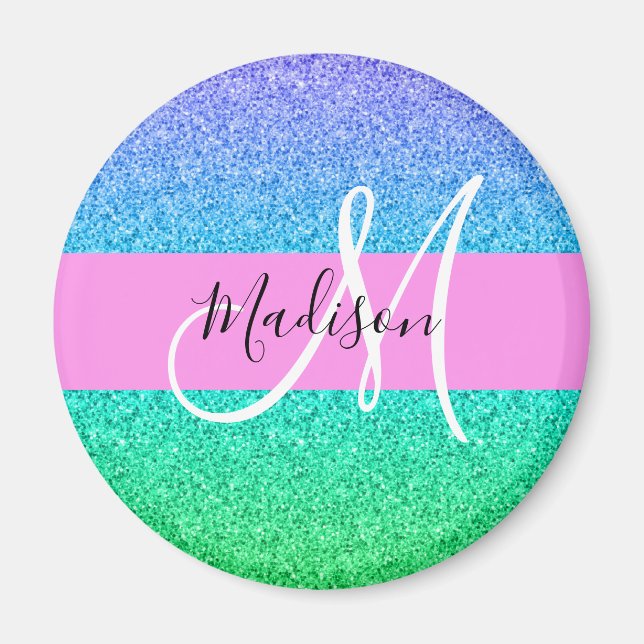Glam Blue Grönt Glitter Gnistra Gradient Monogram Magnet (Framsidan)
