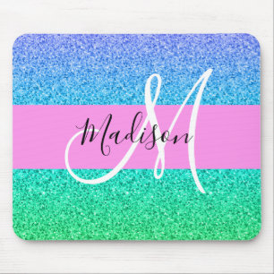 Glam Blue Grönt Glitter Gnistra Gradient Monogram Musmatta
