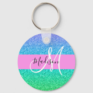 Glam Blue Grönt Glitter Gnistra Gradient Monogram Nyckelring