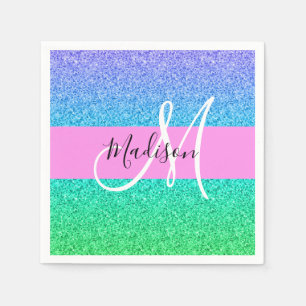 Glam Blue Grönt Glitter Gnistra Gradient Monogram Pappersservett