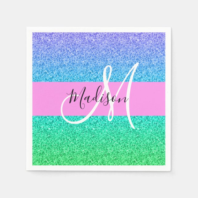Glam Blue Grönt Glitter Gnistra Gradient Monogram Pappersservett (Framsidan)