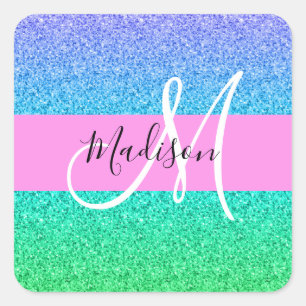 Glam Blue Grönt Glitter Gnistra Gradition Monogram Fyrkantigt Klistermärke