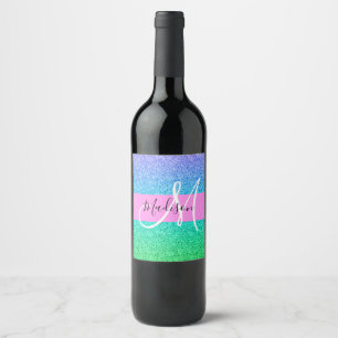 Glam Blue Grönt Glitter Gnistra Gradition Monogram Vinflaska Etikett
