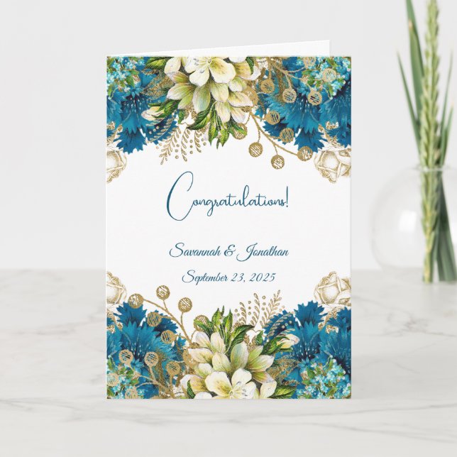 Glam Blue Guld Blommigt Bröllop Kort (Framsida)