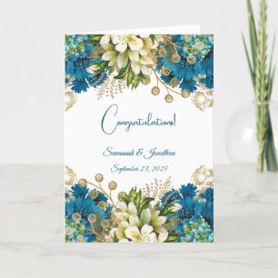 Glam Blue Guld Blommigt Bröllop Kort