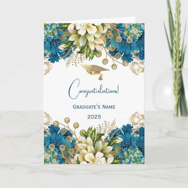 Glam Blue Guld Blommigt Studenten Kort (Framsida)