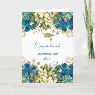 Glam Blue Guld Blommigt Studenten Kort