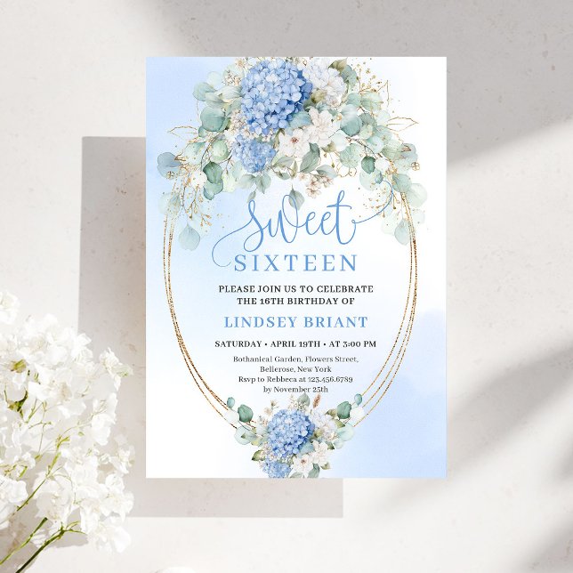 Glam Blue Hydrangeas Gold Sweet Sixteen Invite Inbjudningar (Glam Blue Hydrangeas Gold Sweet Sixteen Invite)