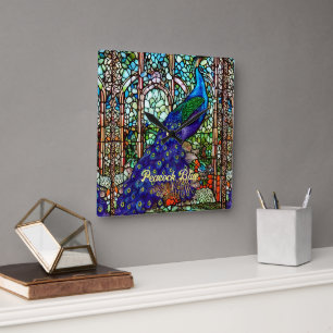 Glam Blue Lila Peacock Stached Glass Fyrkantig Klocka