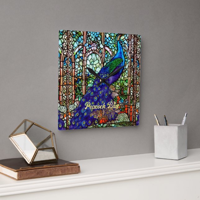 Glam Blue Lila Peacock Stached Glass Fyrkantig Klocka (Kontor)