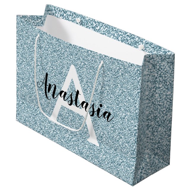 Glam Blue Silver Glitter Sparkles Monogram Namn (Framsidan Vinklad)