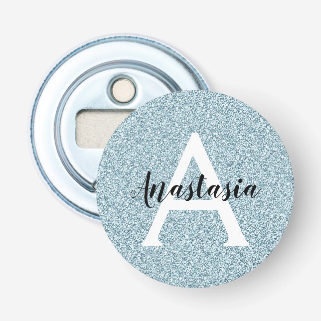Glam Blue Silver Glitter Sparkles Monogram Namn Flasköppnare (Framsidan)