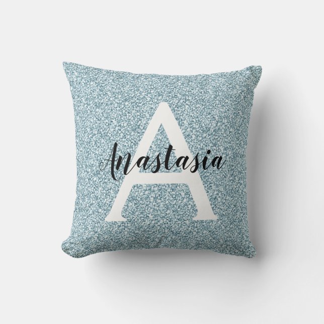 Glam Blue Silver Glitter Sparkles Monogram Namn Kudde (Framsida)