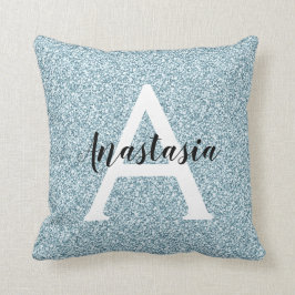 Glam Blue Silver Glitter Sparkles Monogram Namn Kudde