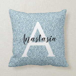 Glam Blue Silver Glitter Sparkles Monogram Namn Kudde