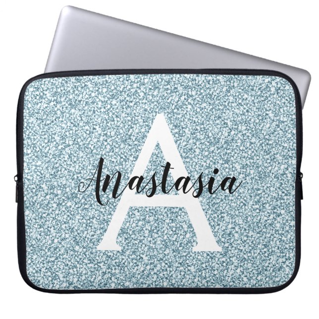 Glam Blue Silver Glitter Sparkles Monogram Namn Laptop Fodral (Framsidan)