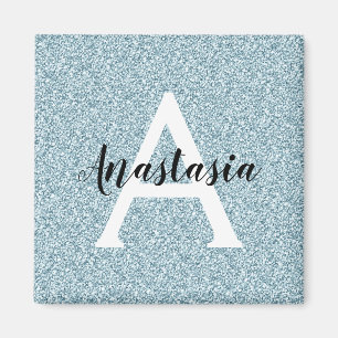 Glam Blue Silver Glitter Sparkles Monogram Namn Magnet