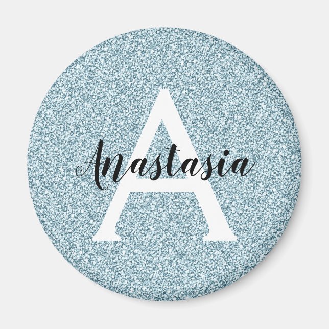 Glam Blue Silver Glitter Sparkles Monogram Namn Magnet (Framsidan)