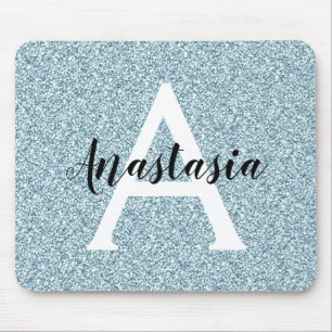Glam Blue Silver Glitter Sparkles Monogram Namn Musmatta