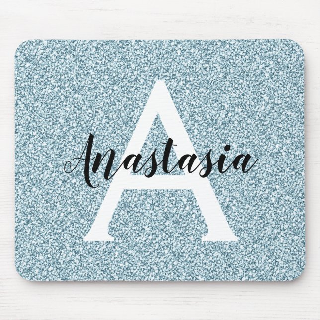 Glam Blue Silver Glitter Sparkles Monogram Namn Musmatta (Framsidan)