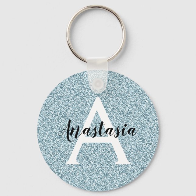 Glam Blue Silver Glitter Sparkles Monogram Namn Nyckelring (Framsida)