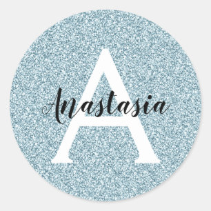 Glam Blue Silver Glitter Sparkles Monogram Namn Runt Klistermärke
