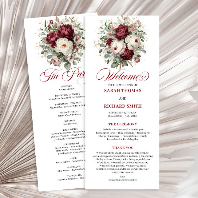 Glam Blush Burgundy Guld Blommig Bröllopsprogram Program (Glam Blush Burgundy Gold Floral Wedding Program)