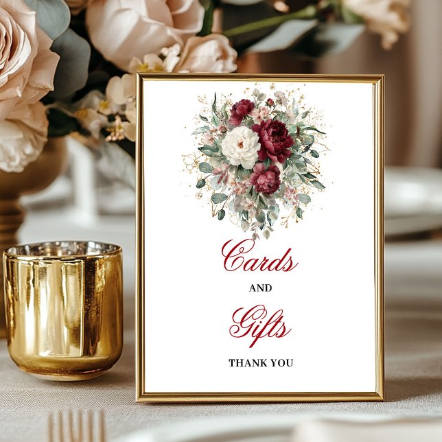 Glam Blush Burgundy Kort och presenter Bordsskylt Poster (Glam Blush Burgundy Cards and Gifts Tabletop Sign)