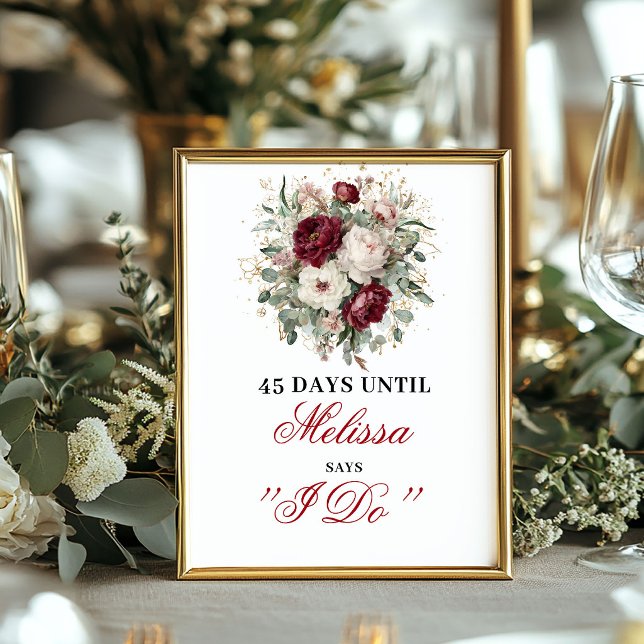 Glam Blush Burgundy Nedräkningsskylt Bordsskiva Poster (Glam Blush Burgundy Countdown Sign Tabletop)