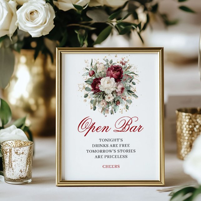 Glam Blush Burgundy Öppen Bar Bröllopsaffisch Poster (Glam Blush Burgundy Open Bar Wedding Poster)