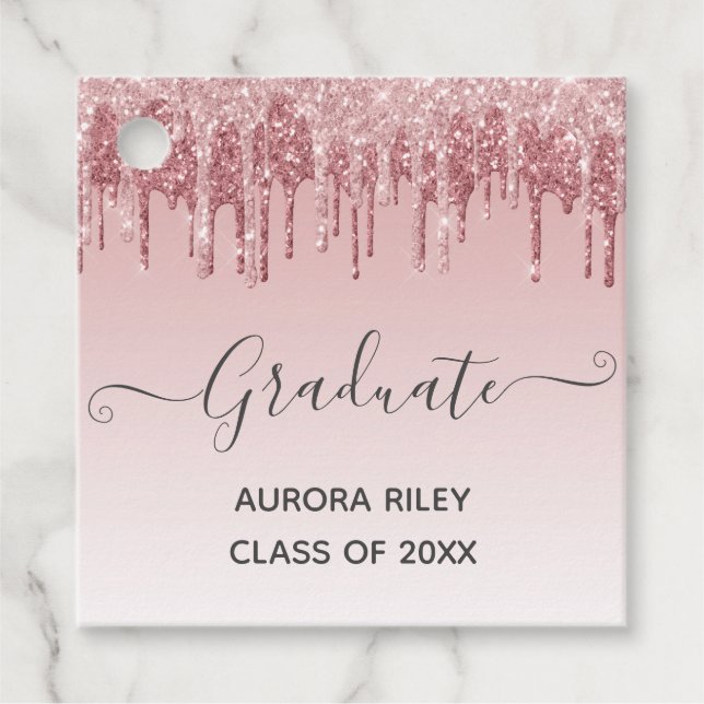 Glam Blush Rosa Guld Droppande Glitter Examen Gåvor Etiketter (Framsida)