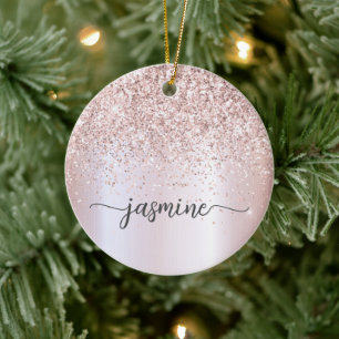 Glam Blush Rosa Guld Glitter Monogram Namn Skrift Julgransprydnad Keramik