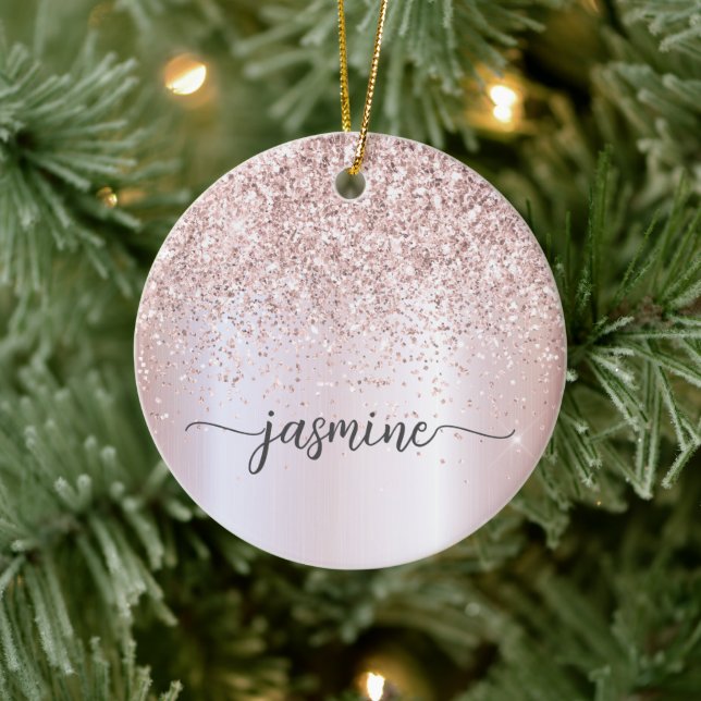 Glam Blush Rosa Guld Glitter Monogram Namn Skrift Julgransprydnad Keramik (Träd)